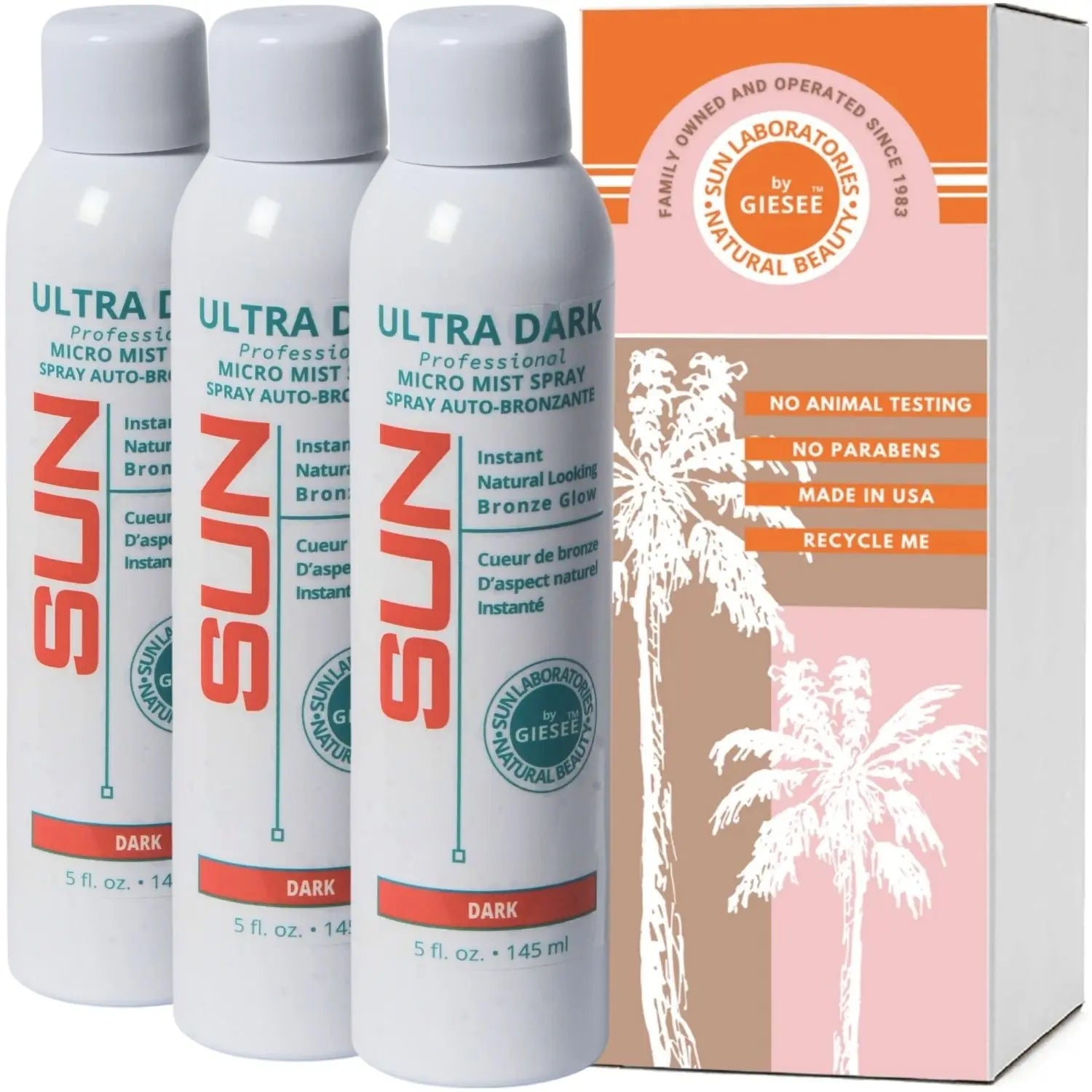 Sun Laboratories Ultra Dark Self Tanning Spray Can - set of 3 6 oz each- Natural Sunless Airbrush, Body and Face for Bronzing and Golden Tan - Very Dark Sunless Bronzer Flawless Fake Tanning Airbrush Giselle Cosmetics