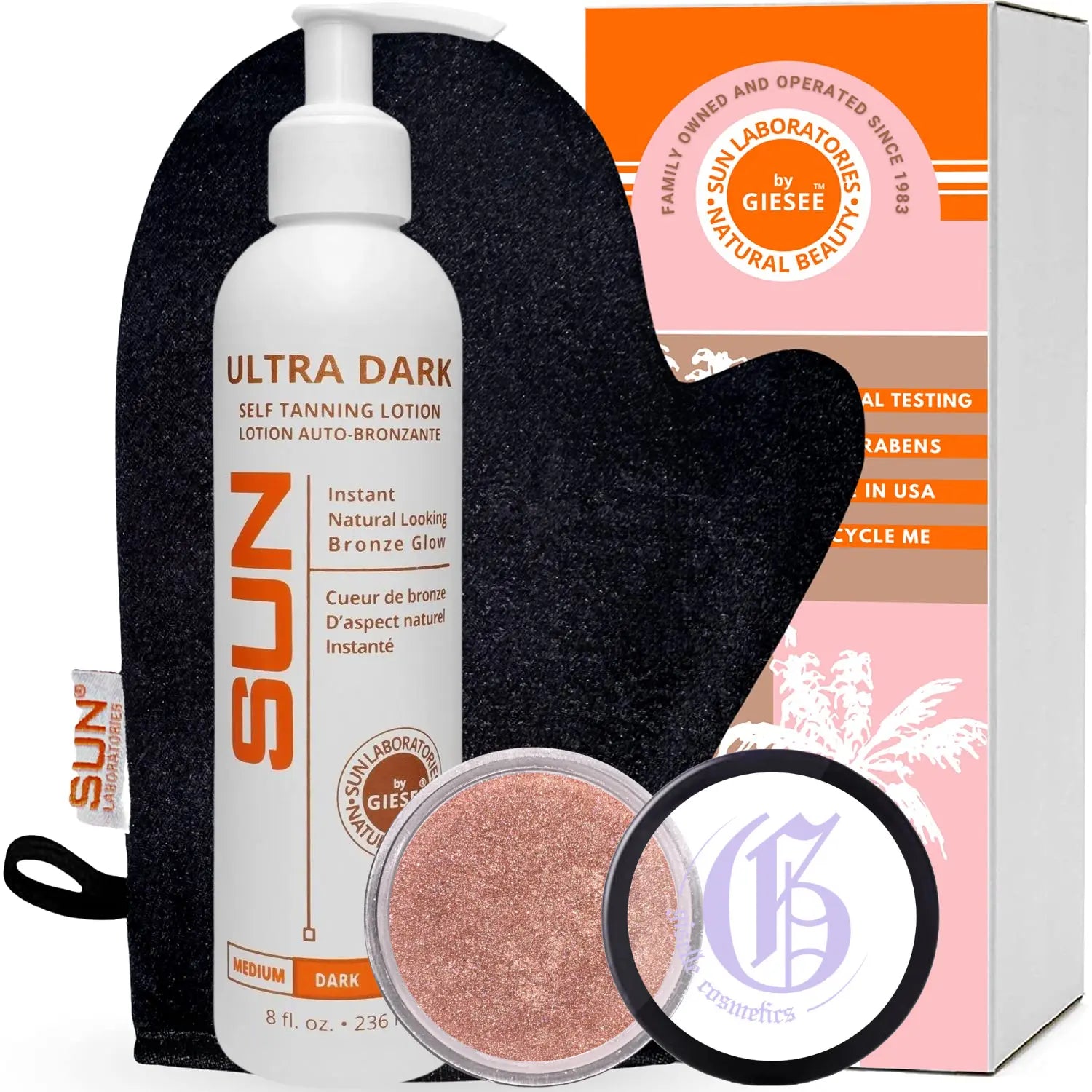Dark Self Tanner 8 oz + Selfish Bronzer 3 g + Tanning Mitt Giselle Cosmetics