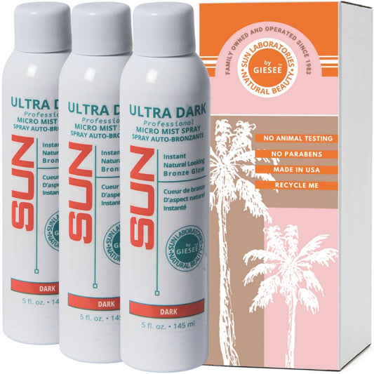 Sun Laboratories Ultra Dark Self Tanning Spray Can - set of 3 6 oz each- Natural Sunless Airbrush, Body and Face for Bronzing and Golden Tan - Very Dark Sunless Bronzer Flawless Fake Tanning Airbrush